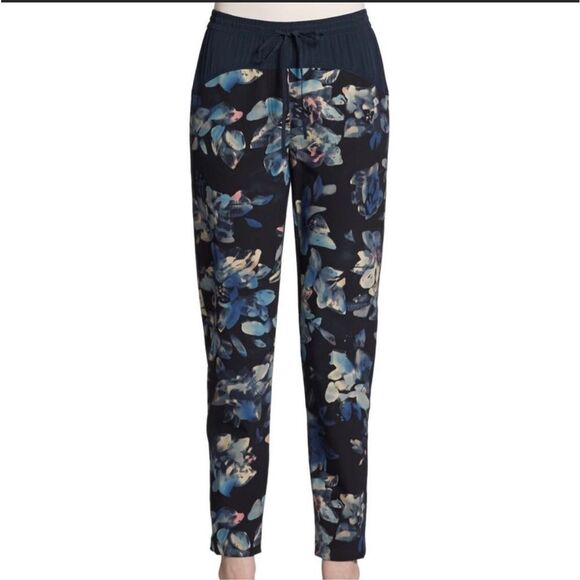 Rebecca Taylor Silk Floral Jogger Pants navy white, Sport chic style 100% silk, - Picture 2 of 13
